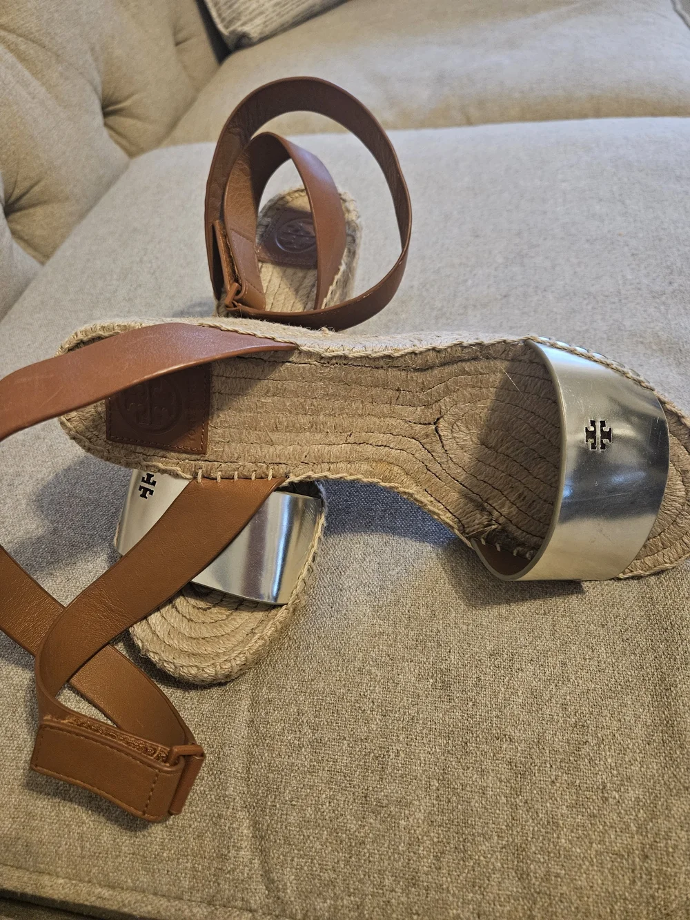 Tory Burch Brown Leather & Metallic Espadrille Sandals 9.5 Great Condition